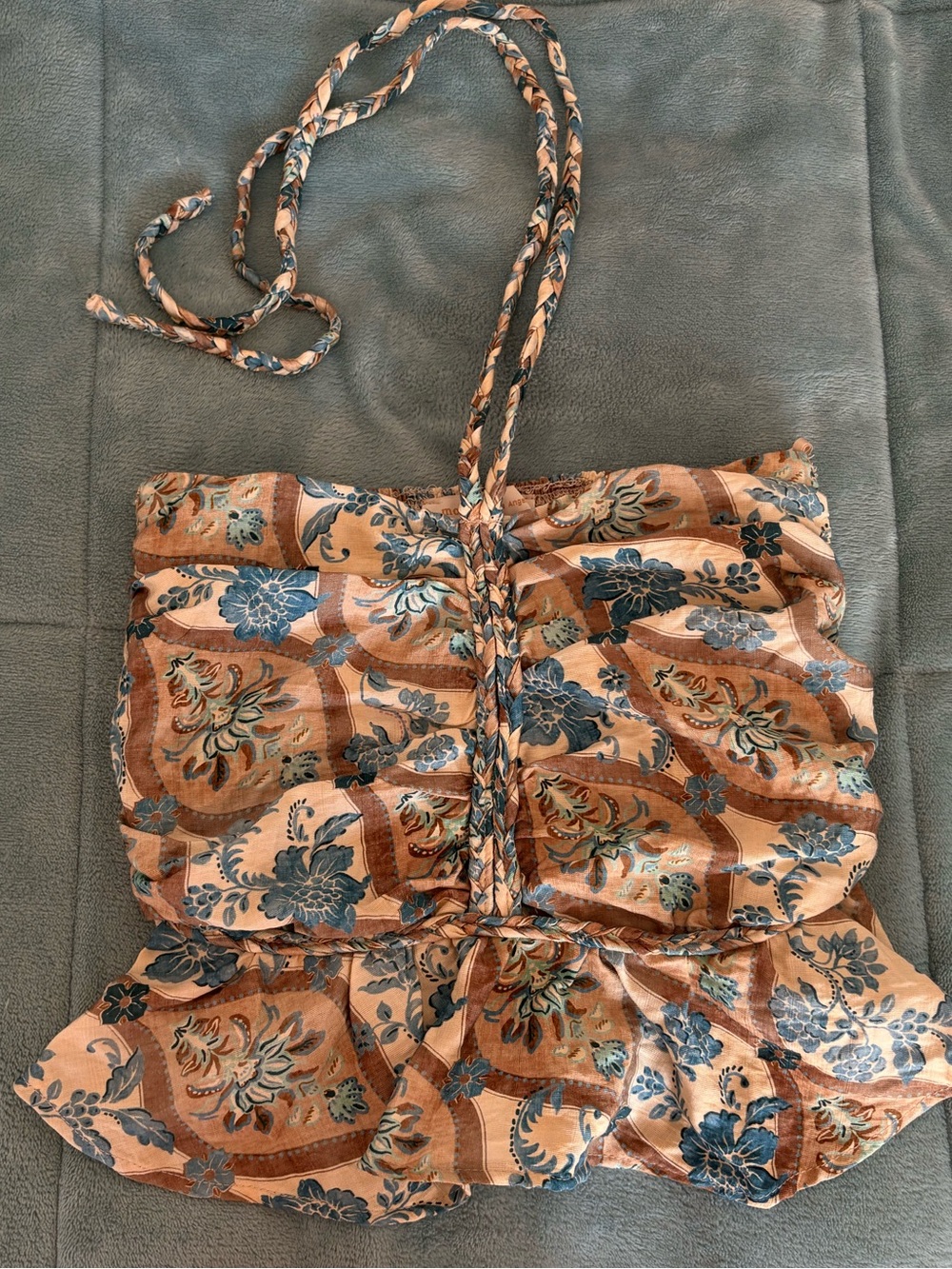 Monteau Los Angeles Floral Satin Halter Top in Peach & Dusty Blue